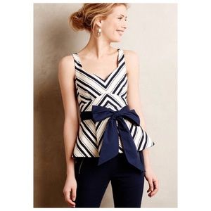 Anthropologie Ivory & Blue Stripe Peplum Top